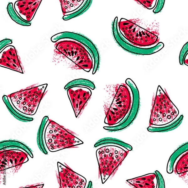 Fototapeta Hand drawn watermelon slices seamless pattern