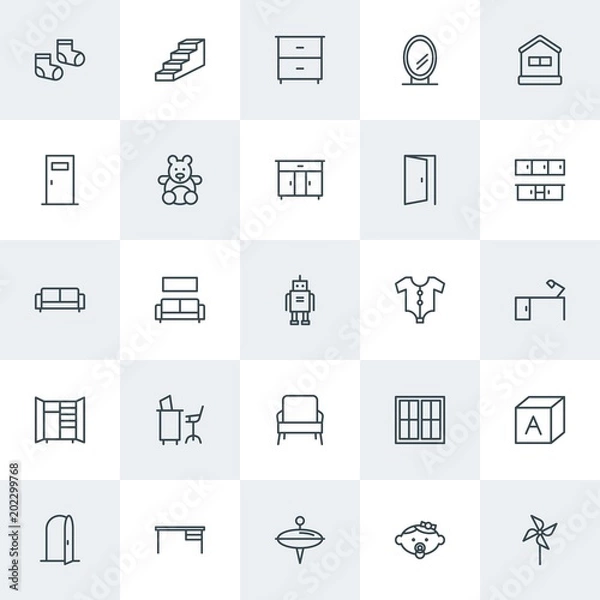 Fototapeta Modern Simple Set of furniture, kids and toys Vector outline Icons. Contains such Icons as  winter,  stairway,  wind,  entrance, window, up and more on white background. Fully Editable. Pixel Perfect.