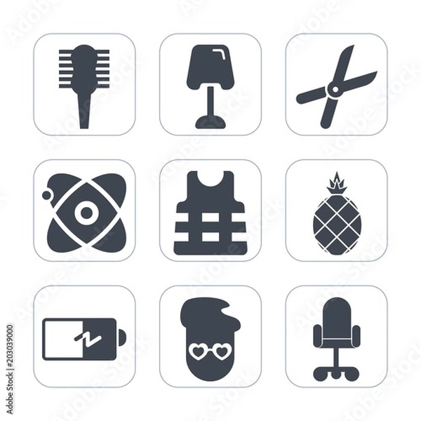 Fototapeta Premium fill icons set on white background . Such as light, gardening, jacket, full, astronomy, pruning, energy, interior, home, office, female, cosmos, power, comb, lamp, safety, star, style, fruit