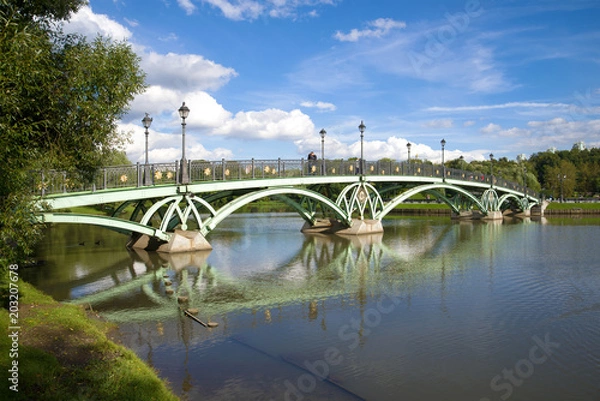 Fototapeta Openwork metal bridge on a sunny September day. Landscape park, Moscow