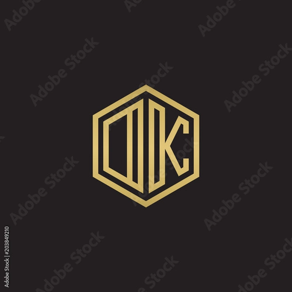 Fototapeta Initial letter DK, OK, minimalist line art hexagon shape logo, gold color on black background