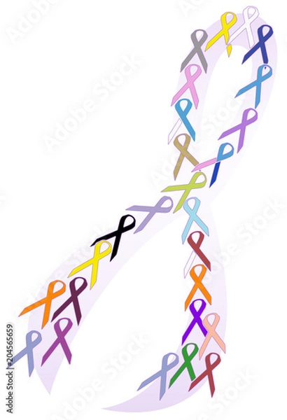 Obraz Cancer awareness ribbon collage featuring all the various cancer ribbons and colors combined in the shape of one big ribbon, vector illustration