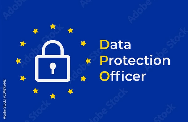 Fototapeta DPO - Data Protection Officer. EU flag with with lock symbol on blue background. Vector illustration