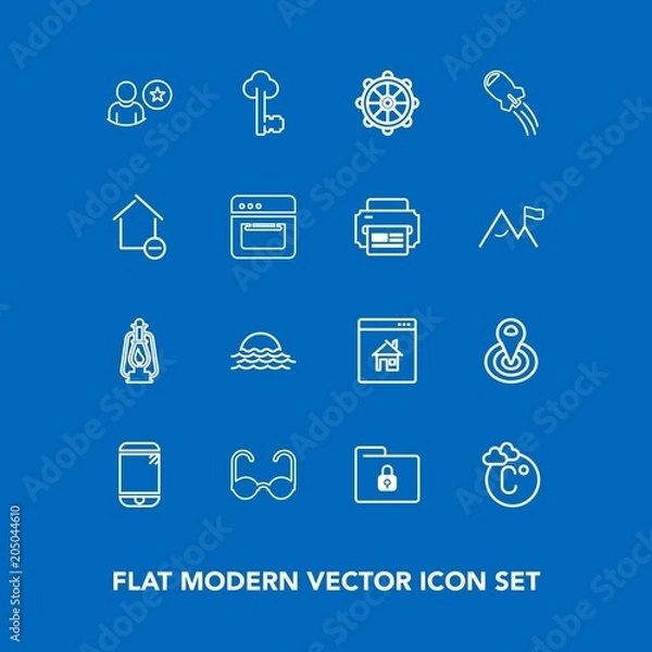 Fototapeta Modern, simple vector icon set on blue background with morning, file, ship, sunrise, sunglasses, real, fahrenheit, cycle, radius, profile, scale, technology, fashion, touchscreen, property, lamp icons