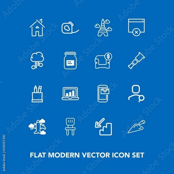 Fototapeta Modern, simple vector icon set on blue background with electrical, mail, travel, estate, room, airplane, pencil, box, shovel, downstairs, paris, insulating, flight, account, education, france icons