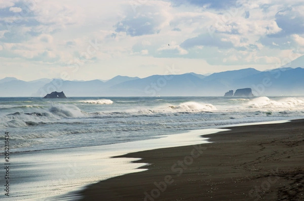 Fototapeta Halaktyr beach. Kamchatka. Russian federation. Dark almost black color sand beach of Pacific ocean. Stone mountains and yellow grass are on a background. Light blue sky