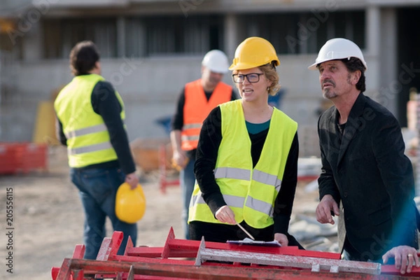 Fototapeta Construction manager and a female engineer wearing safety jacket and helmet checking projects on construction site