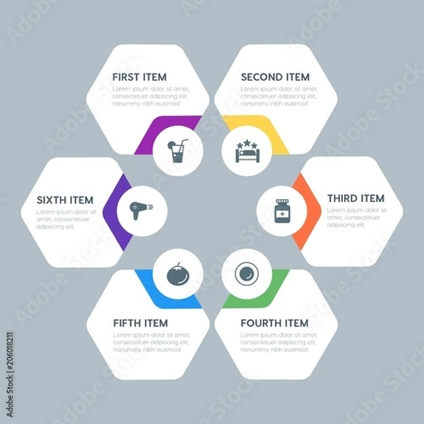 Fototapeta Flat geometric food, health, hotel, drinks infographic steps template with 6 options for presentations, advertising, annual reports.