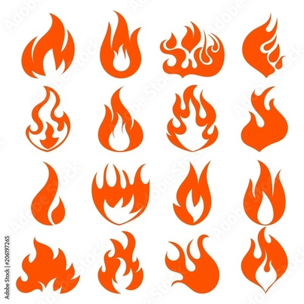 Fototapeta Cartoon Fire Flames Set Light Effect for Web, Game Design Flat Style. Vector illustration