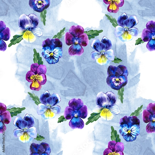 Fototapeta Seamless pattern with pansy flowers and leaves. Watercolor illustration. Summer background