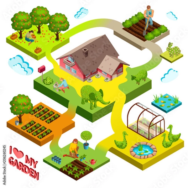 Fototapeta The woman is working in the garden. House with seedlings and flowers. 3d isometric view. Vector illustration.