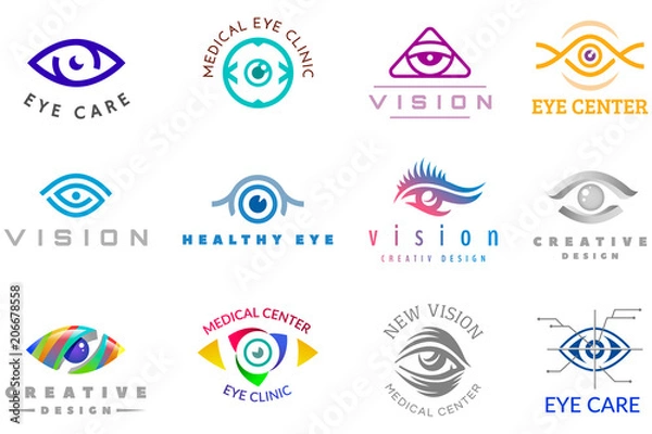 Fototapeta Eye logo vector eyeball icon eyes look vision and eyelashes logotype of medical care optic company supervision illustration isolated on white background