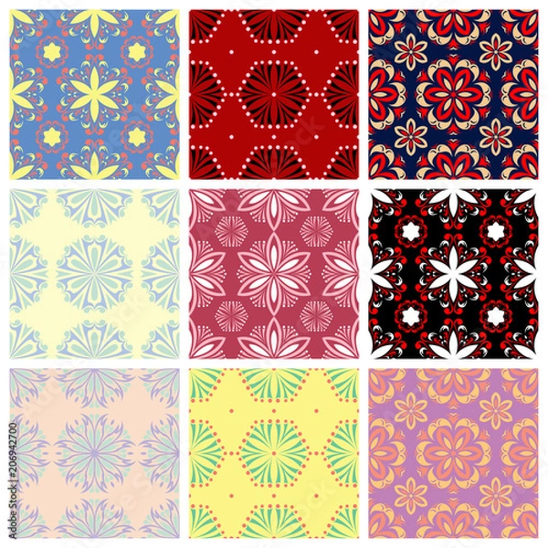 Fototapeta Seamless backgrounds with floral patterns. Colored set.