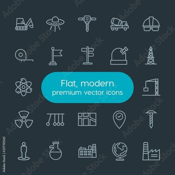 Obraz Modern Simple Set of industry, science, location Vector outline Icons. Contains such Icons as  alien, helmet, drill,  chemical,  cement, ufo and more on dark background. Fully Editable. Pixel Perfect.