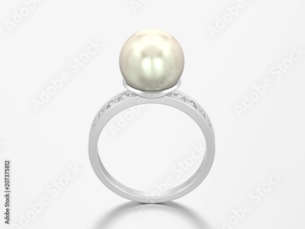 Fototapeta 3D illustration silver diamond engagement wedding ring with pearl