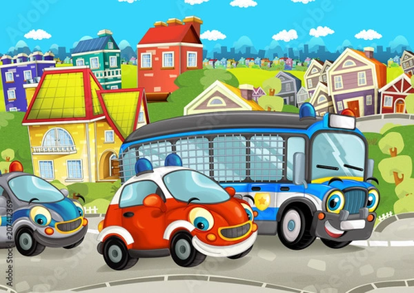 Fototapeta cartoon scene with happy cars on the street driving through the city - illustration for children