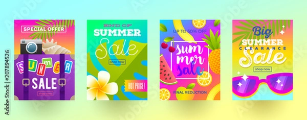 Fototapeta Set of summer sale promotion banners. Vacation, holidays and travel colorful bright background. Poster or flyer design. Vector illustration.