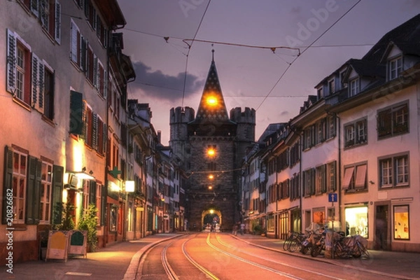 Obraz Spalentor Gate at twilight, in Basel, Switzerland