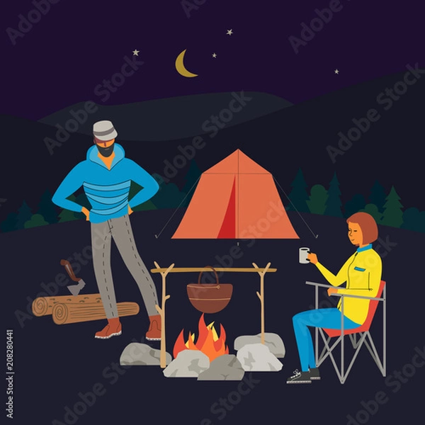 Fototapeta Campfire meal cooking. Minimal flat cartoon. Couple of campers cook food on fire in tourist expedition equipment in night wood. Nature outdoor adventure banner background template. Vector illustration