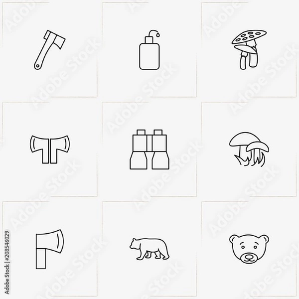 Fototapeta Hunting And Fishing line icon set with hatchet, binocular and mushrooms