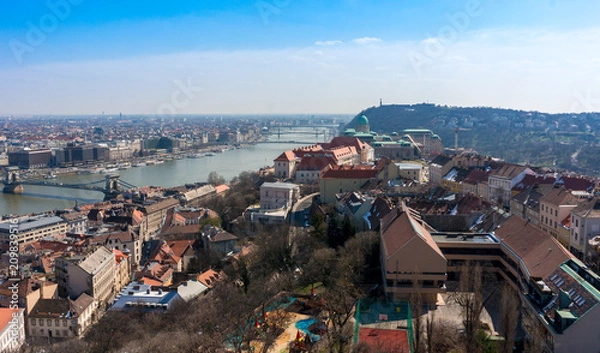 Fototapeta Budapest, Hungary sunset view with Danube river, Parliament, Castle. View from Gellert Hill