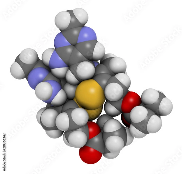 Fototapeta Sulbutiamine asthenia drug molecule. Also used in nutritional supplements. 3D rendering. Atoms are represented as spheres with conventional color coding.