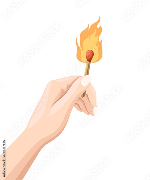 Fototapeta Hand holds a burning match stick. Match with fire. Flat design style. Vector illustration isolated on white background