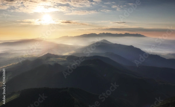 Fototapeta Mountain silhouette at sunset in Tatras, Slovakia