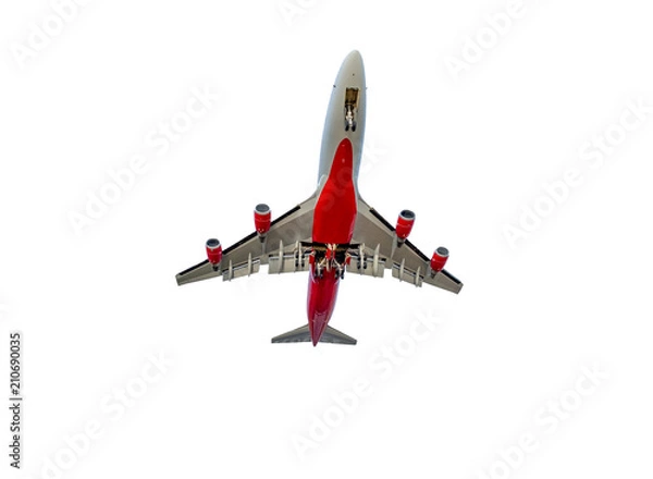 Fototapeta Under of Passenger Plane flying through on white background