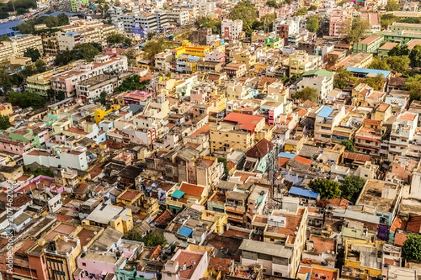 Fototapeta Aerial view of Thanjavur (Tanjore) full of houses and roof, Tamil Nadu, India