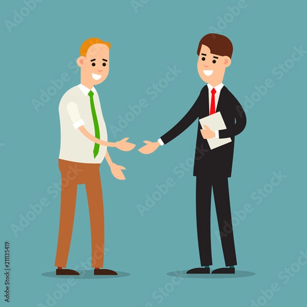 Fototapeta Young man standing and greet each other. Group of young people. Funny cartoon guy in various poses. Cartoon illustration isolated in flat style