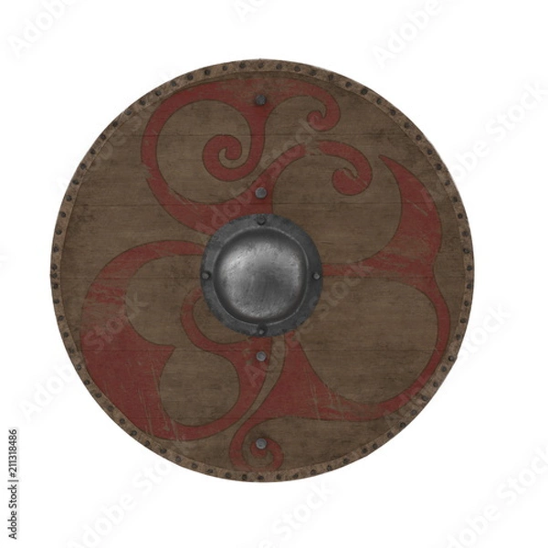 Fototapeta Medieval Round Viking Wooden Shield on white. 3D illustration