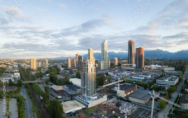 Fototapeta Aerial panoramic view of Residential Buildings and Construction Sites around Brentwood Mall. Taken in Burnaby, Greater Vancouver, BC, Canada.