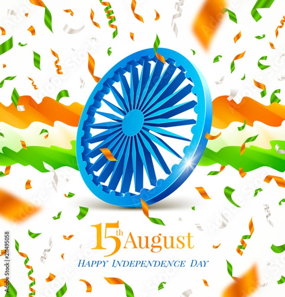 Fototapeta India independence day illustration. Indian symbol - Ashoka wheel, abstract flow waves and confetti in the colors of the indian national flag. Vector greeting illustration.