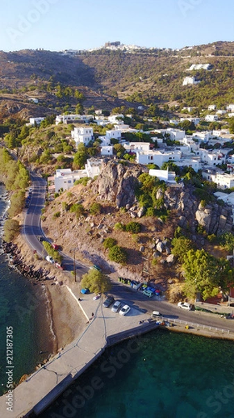 Fototapeta Aerial birds eye view photo taken by drone of picturesque port of Patmos island, Dodecanese, Greece