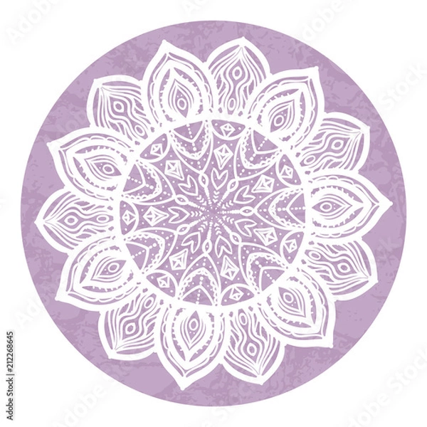 Fototapeta Vector Round background. Mandala white hand drawing ornament on a textured lavender background.