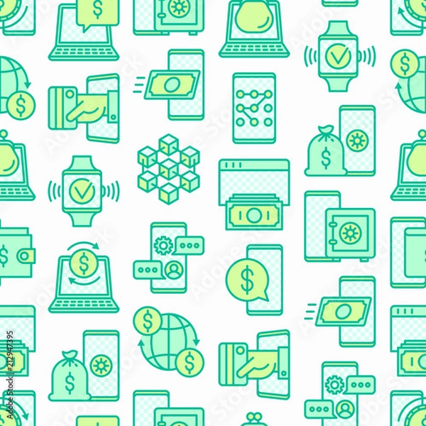 Fototapeta Online banking seamless pattern with thin line icons: deposit app, money safety, internet bank, contactless payment, credit card, online transaction. Modern vector illustration for background.