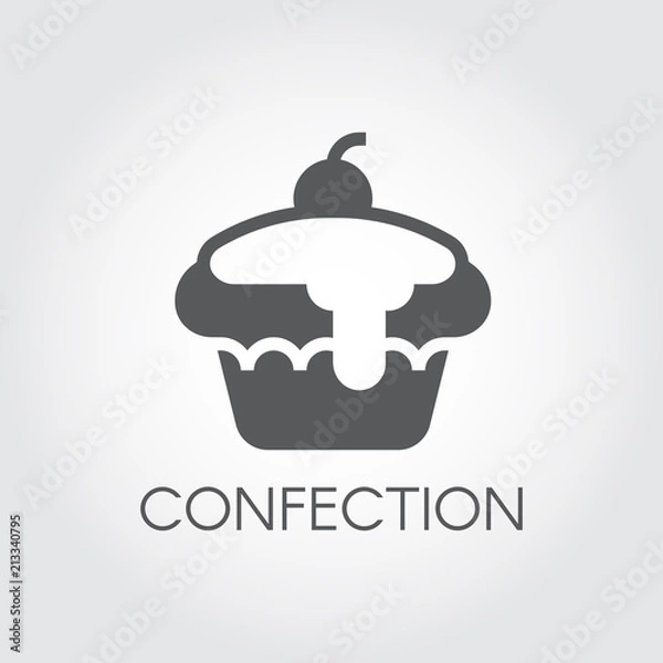 Fototapeta Cake glyph icon. Confection symbol. Sweet dessert black flat logo. Festive cherry pie. Bakery on birthday. Food series. Vector illustration for cooking and gastronomy theme