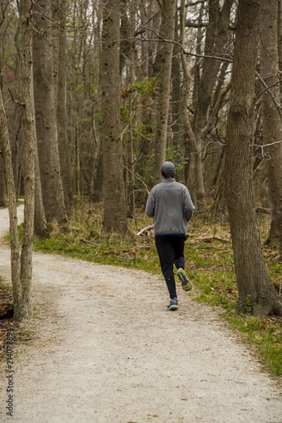 Fototapeta Jogging on a trail path in a forest