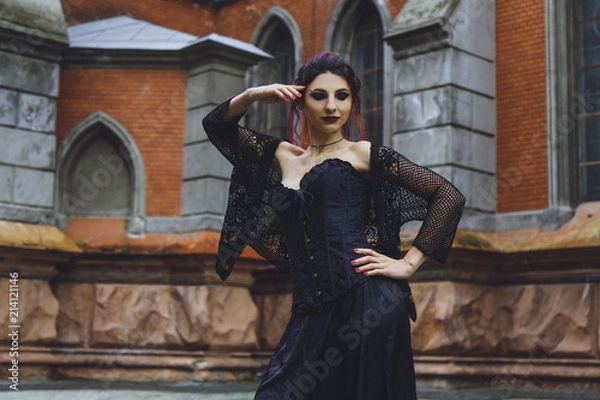 Obraz Young brunette girl in gothic style on a background architecture