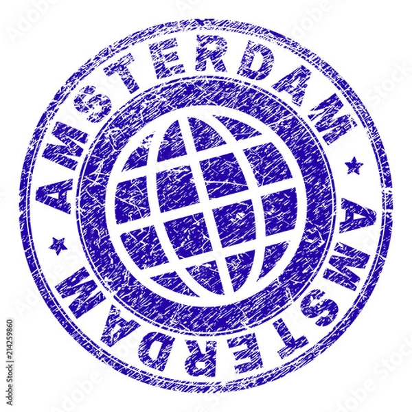 Fototapeta AMSTERDAM stamp print with grunge effect. Blue vector rubber seal print of AMSTERDAM text with grunge texture. Seal has words placed by circle and globe symbol.