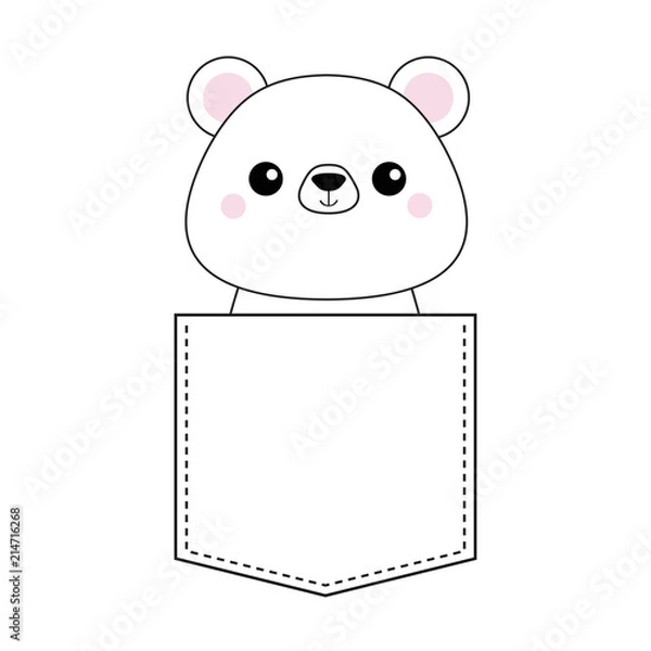 Fototapeta White bear head face in the pocket. Pink cheeks. Doodle linear sketch. Cute cartoon character. T-shirt design. Dash line. Pet animal. White black color. Baby background. Flat