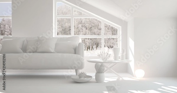 Fototapeta White room with sofa and winter landscape in window. Scandinavian interior design. 3D illustration