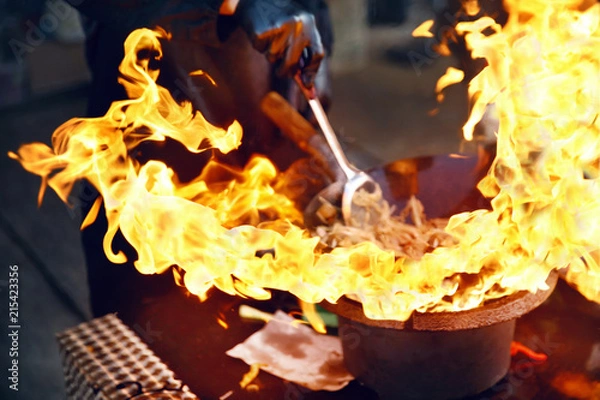 Fototapeta Street Food Festival. Cooking Food On Fire