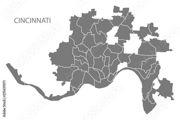 Fototapeta Mapa miasta Cincinnati Ohio z kształtem sylwetki szary ilustracja okolic