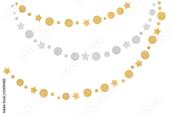 Fototapeta Gold and silver glitter bunting paper cut on white background - isolated