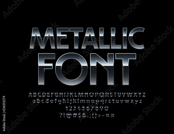 Fototapeta Vector Metallic Font. Elegant Silver Alphabet Letters, Numbers and Symbols