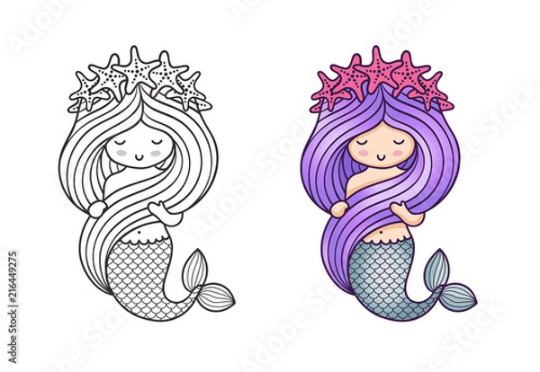 Fototapeta Gorgeous mermaid with a wreath of starfish, holding her long beautiful hair. Cute cartoon character. Vector illustration for coloring book, print, card, postcard, poster, t-shirt, patch, tattoo.