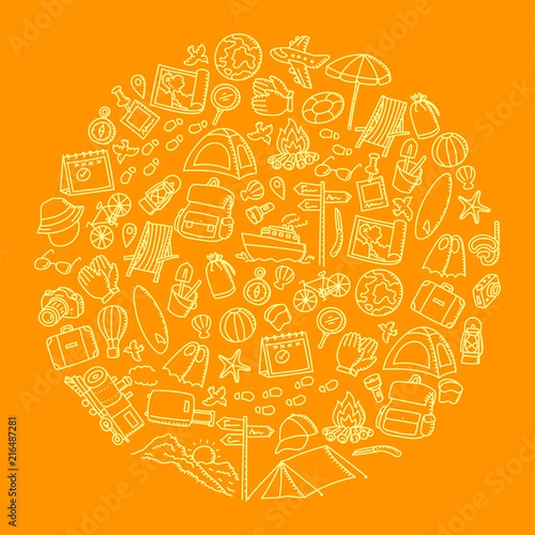 Fototapeta Travel kids hand drawing set pattern background circle shape illustration isolated on orange color background