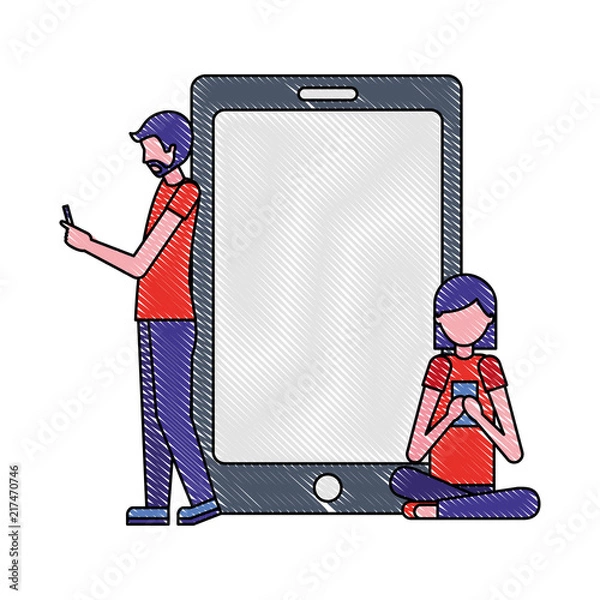 Fototapeta man and woman using cellphones devices smartphone vector illustration